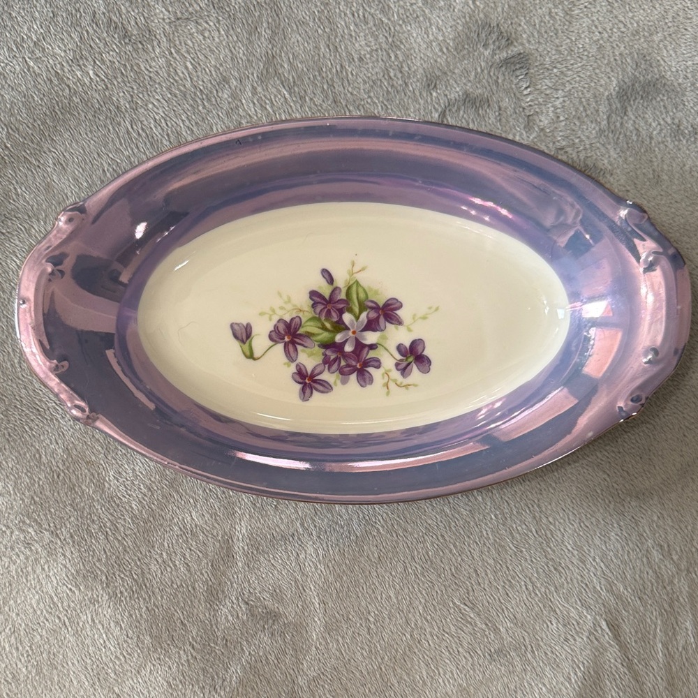 Vintage Norleans Blue Lusterware Oval Relish Dish Painted Violets Iridescent